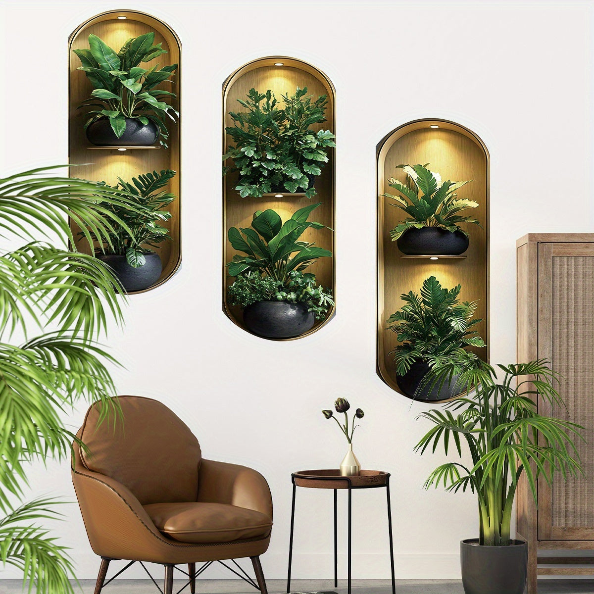 Pack of 3 Realistic Arched Plant Wall Decals – Green Foliage Window Decor Stickers