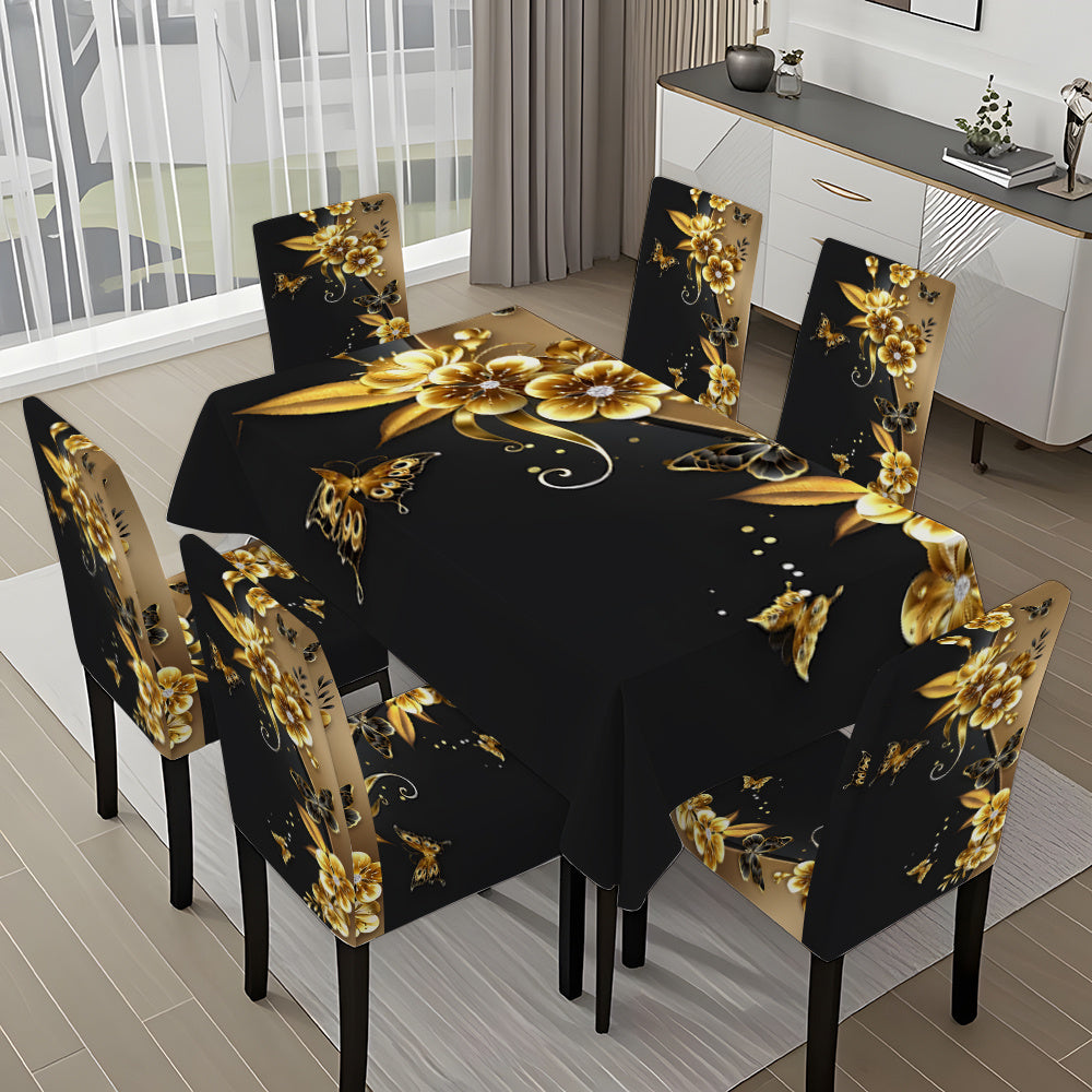 Black Golden Butterfly Tablecloth & Chair Cover Set – 5pcs / 7pcs