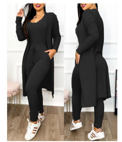 Women's Casual 2-Piece Set – High-Waist Jumpsuit with Drawstring Pockets & Matching Cardigan Cover