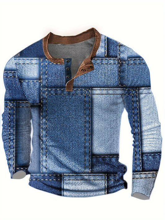 Men's Casual Crew Neck Long Sleeve Henley Shirt – Geometric Print
