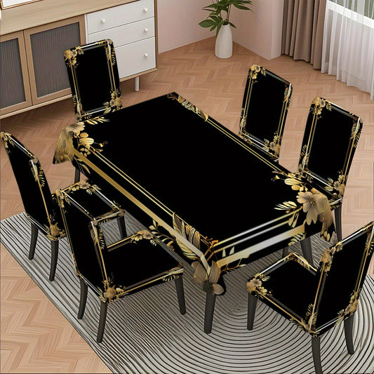 Black & Gold Design Tablecloth with Chair Covers – Set of 5 or 7 Pieces