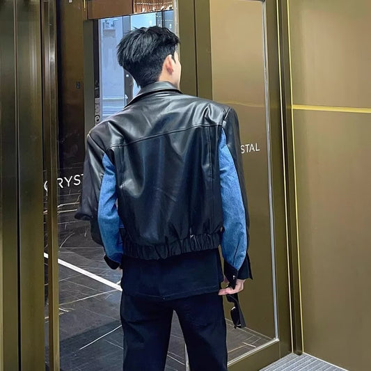 High-Quality PU Leather & Denim Panel Jacket