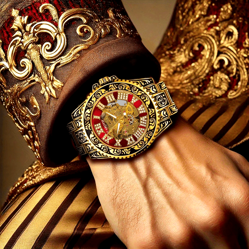 1pc Men's Red Steel Belt Retro Style Mechanical Watch – Luminous & Carved Design