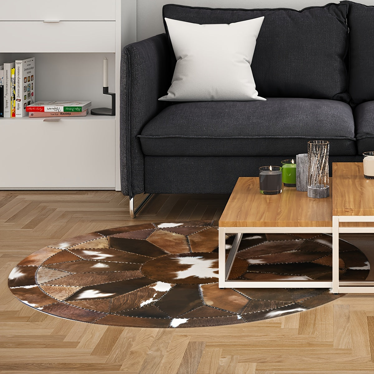 Round Paisley Print Faux Cowhide Area Rug – 1pc
