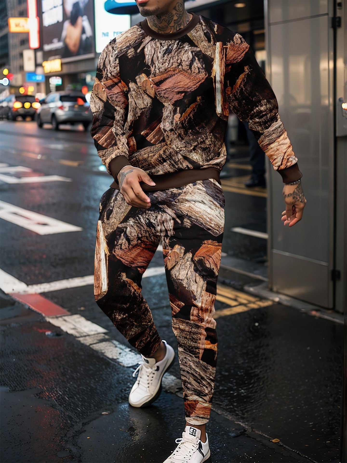 Round Neck Jungle Camouflage Sweater & Two-Piece Pants Set