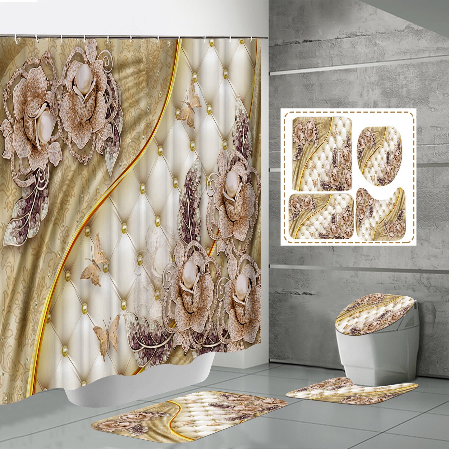 HD Digital Printing Waterproof Polyester Mildew-proof Shower Curtain Suit