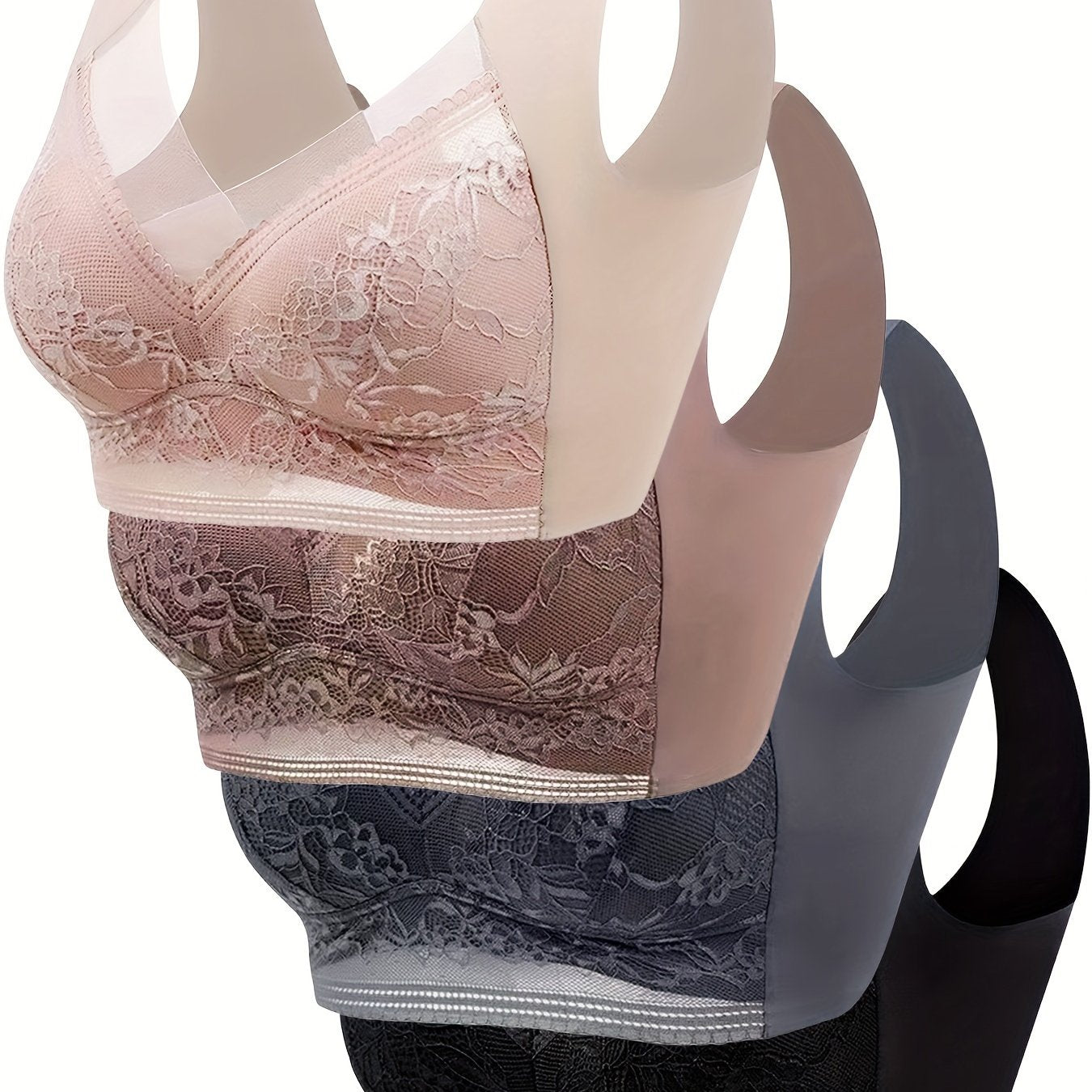 4pcs Simple Solid Contrast Lace Wireless Bra Set