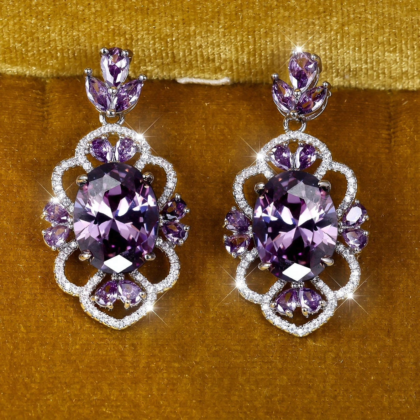 ANGOL Elegant Purple Zirconia Floral Halo Earrings – White Gold-Plated Luxury for Women