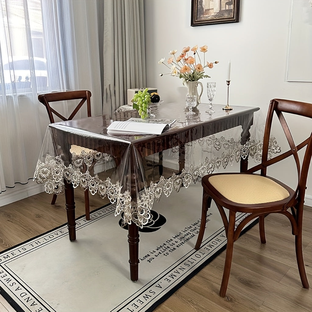 Elegant Clear PVC Lace Embroidered Tablecloth – Rectangular Floral Design