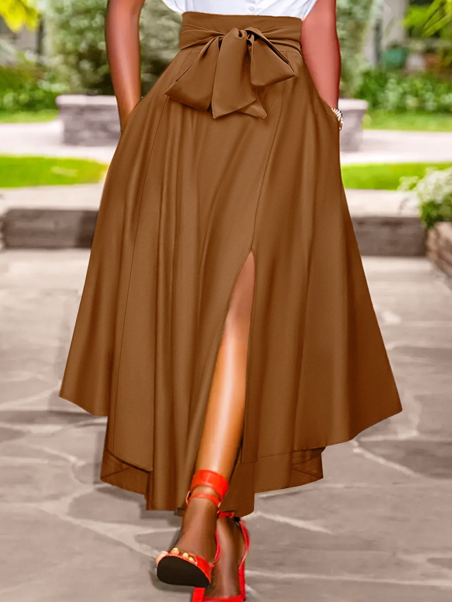 Women's Casual Pleated Skirt with Ruffle Hem and Tie