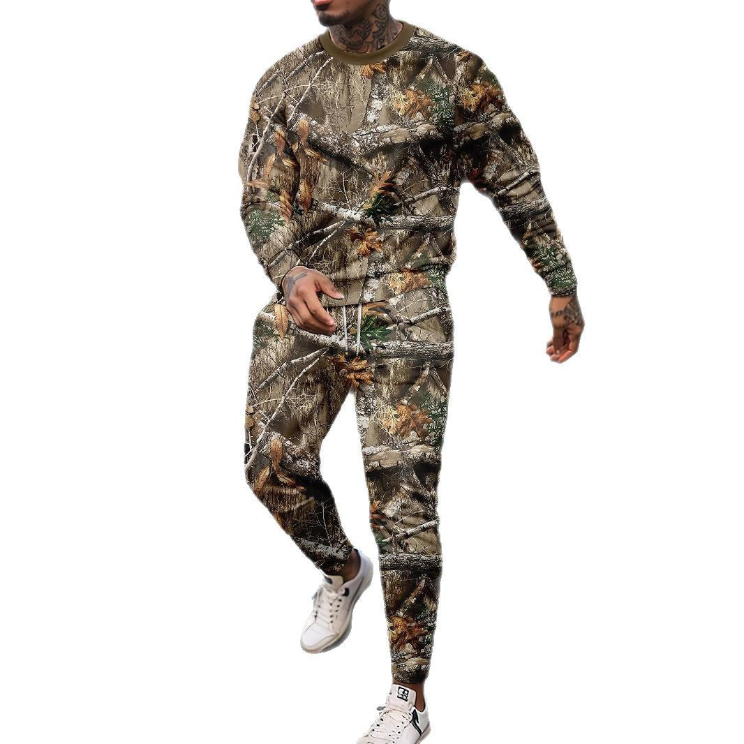 Round Neck Jungle Camouflage Sweater & Two-Piece Pants Set