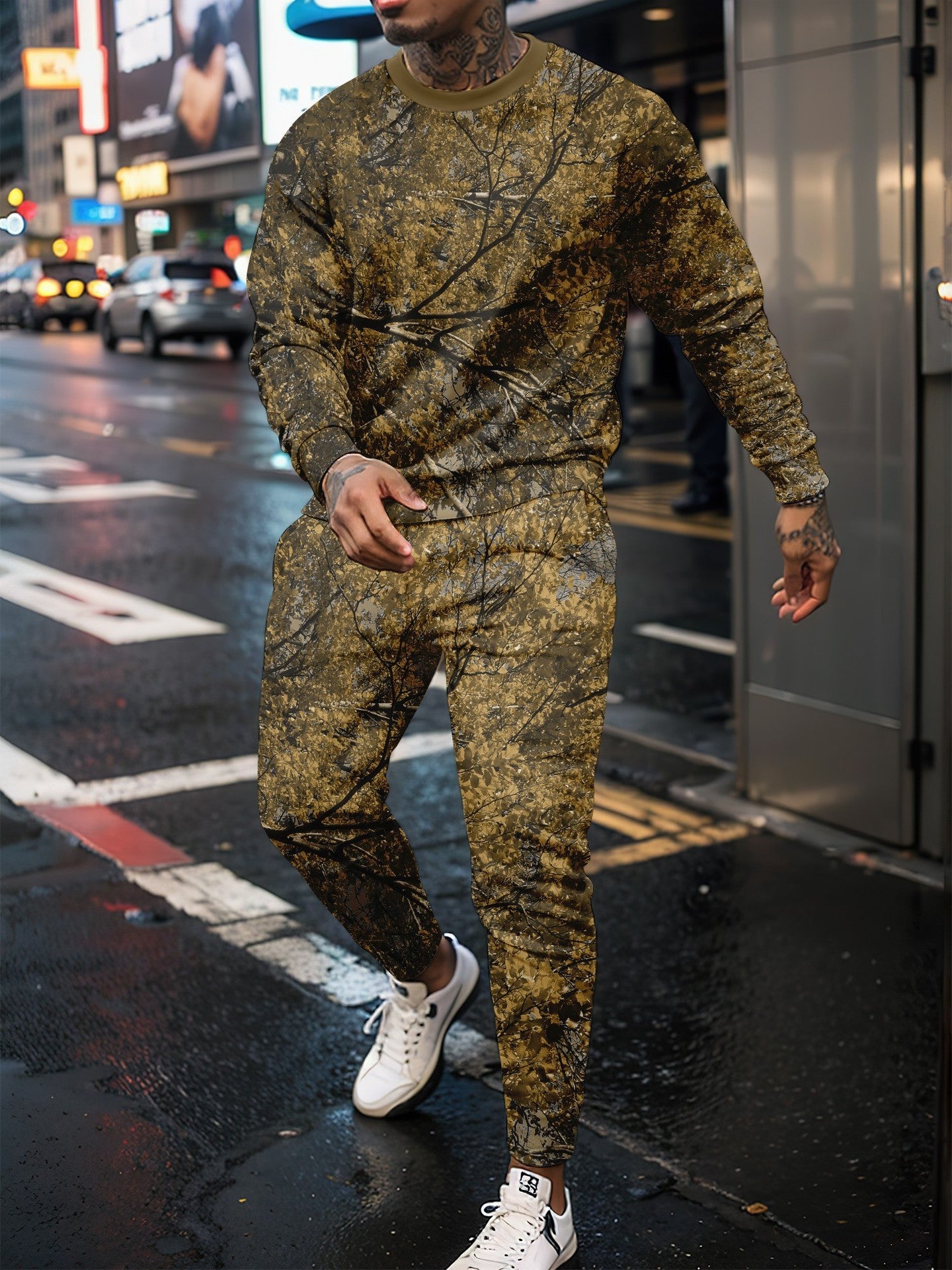 Round Neck Jungle Camouflage Sweater & Two-Piece Pants Set
