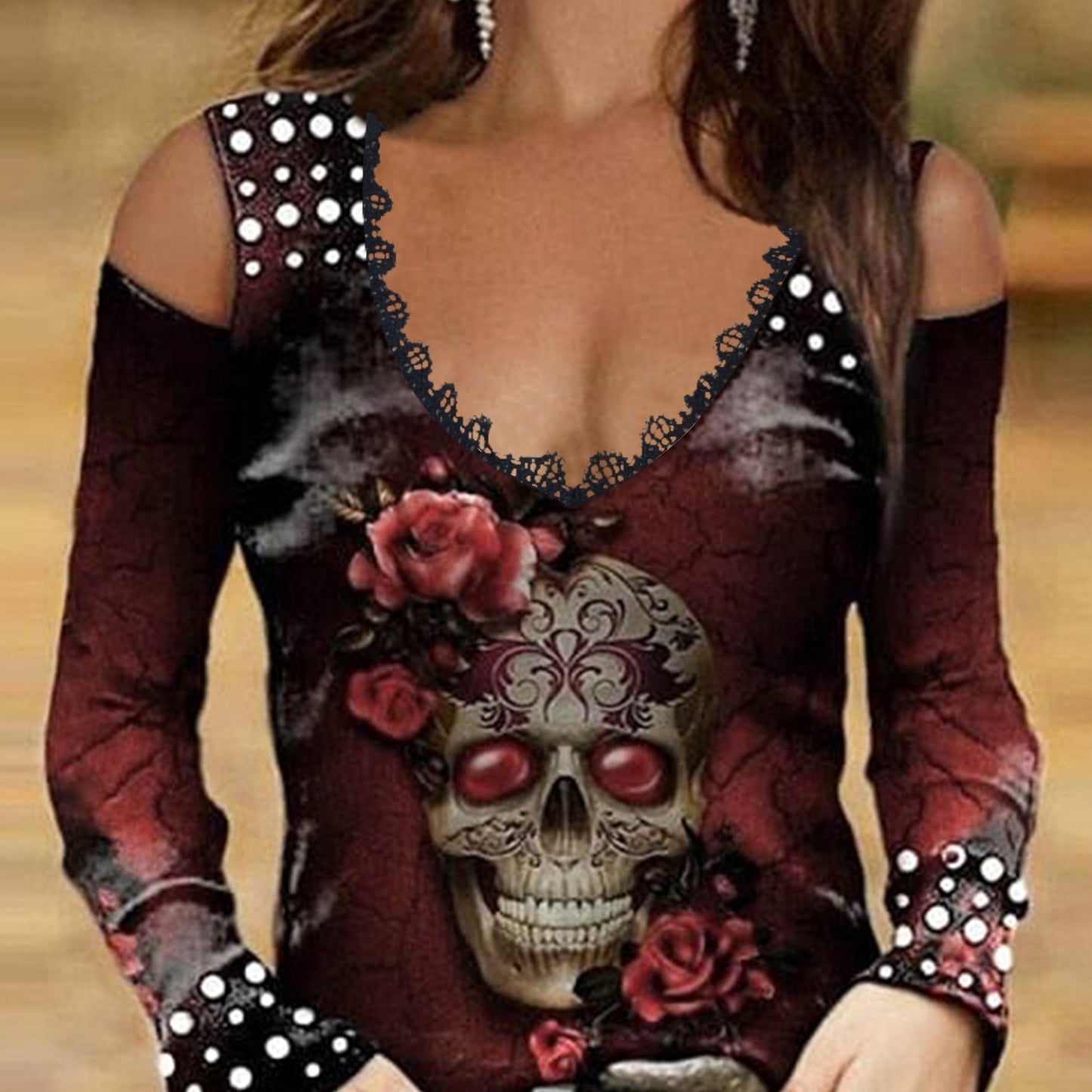 Vintage Skull Print Cold Shoulder T-Shirt – Women’s Long Sleeve Tee for Spring & Fall