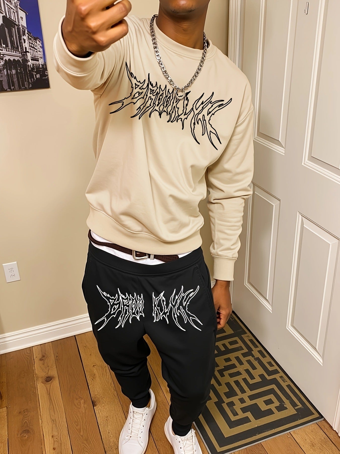 Men's Casual Fashion Round Neck Sweater Sport Pants Suit