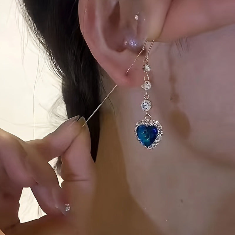 Sophisticated Alloy Blue Heart Tassel Earrings