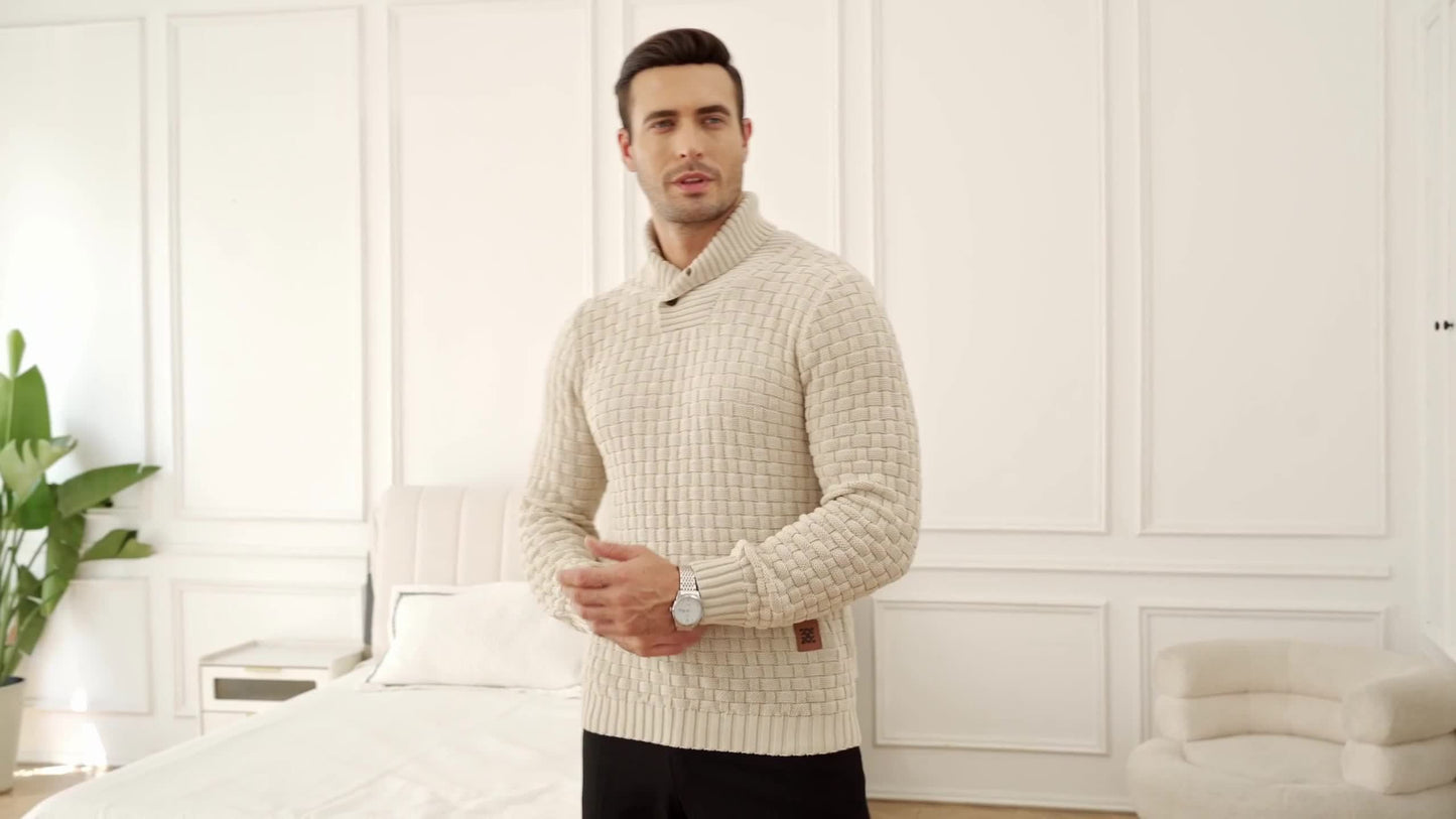High Stretch Men’s Casual Sweater, Chic Mature Waffle Pattern Pullover