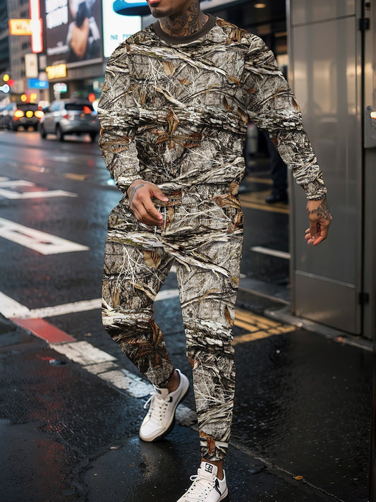 Round Neck Jungle Camouflage Sweater & Two-Piece Pants Set