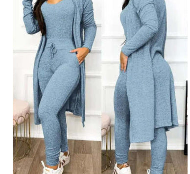 Women's Casual 2-Piece Set – High-Waist Jumpsuit with Drawstring Pockets & Matching Cardigan Cover