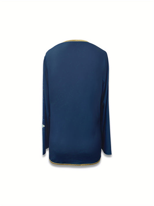 Women's Butterfly Print T-Shirt with Notched Neck – Long Sleeve, Contrast Trim