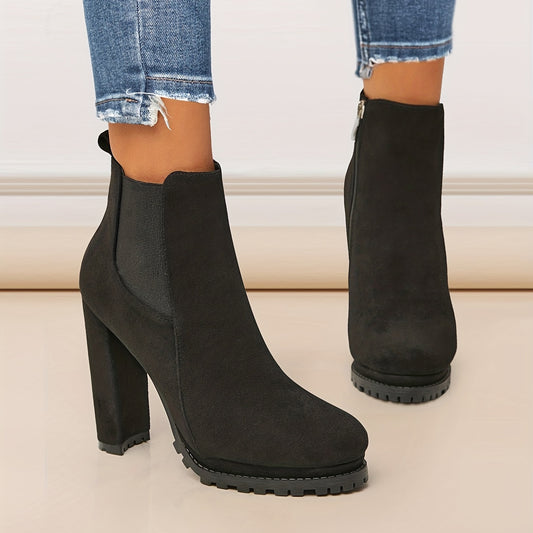 Stylish Pointed Toe Ankle Boots – Chunky Heel, Platform Comfort, Side Zipper Convenience