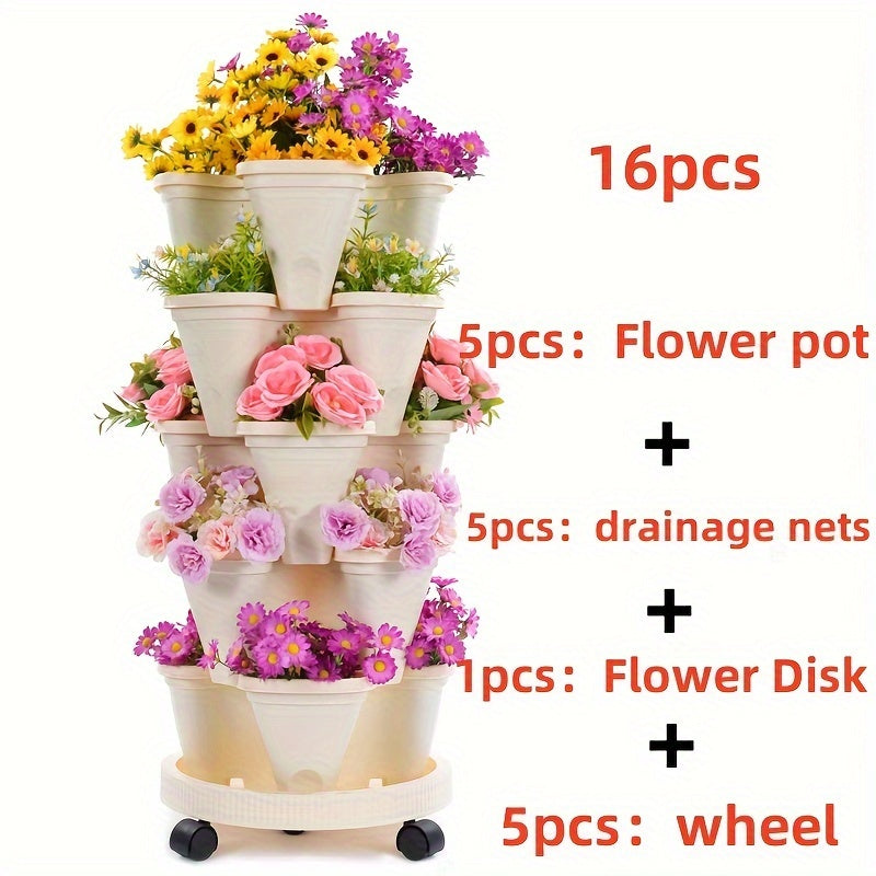 Hot Deal 5-Layer Stackable Vertical Garden Planter – 1 Set (16 Pcs) with Wheels & Tools