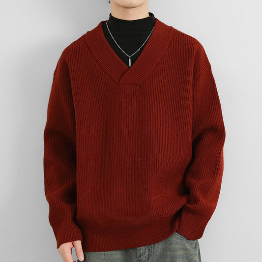 Men's V-Neck Solid Color Chunky Knit Sweater