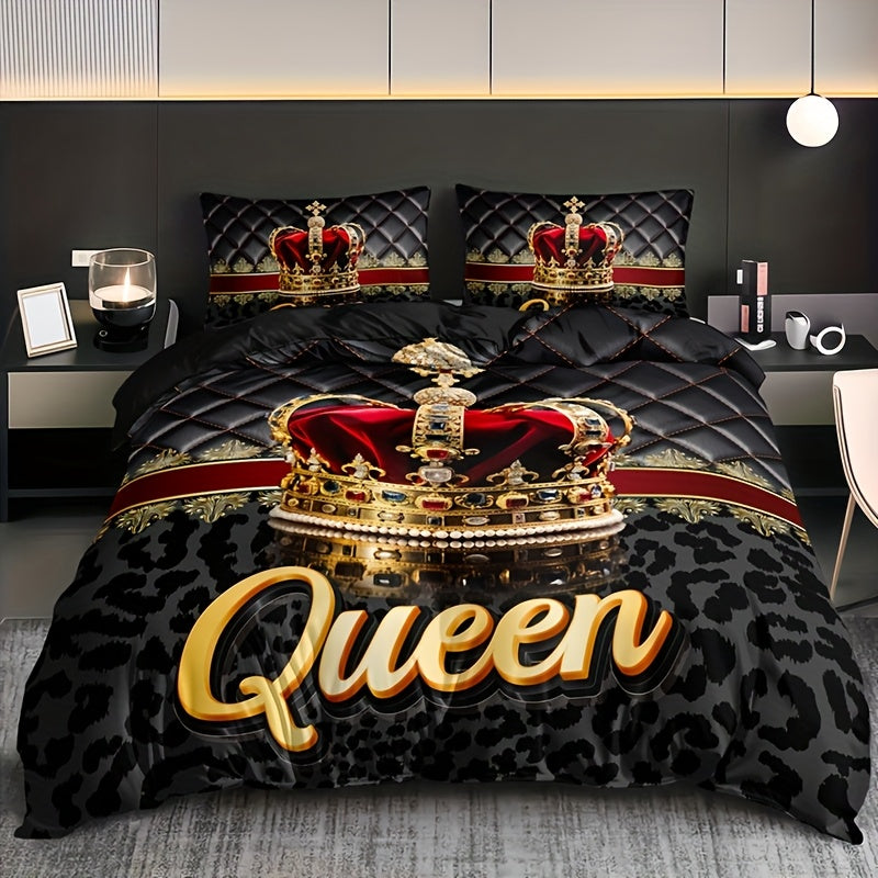 3pcs Crown Queen Leopard Print Quilt Cover Set