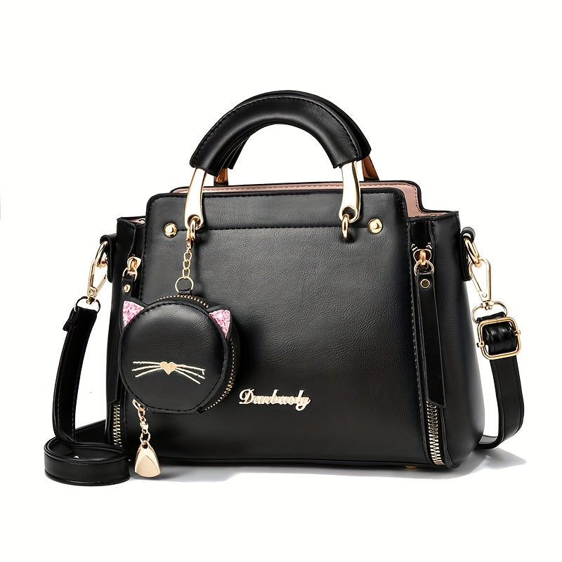 Top Handle Satchel Purses with Cute Kitten Pendant