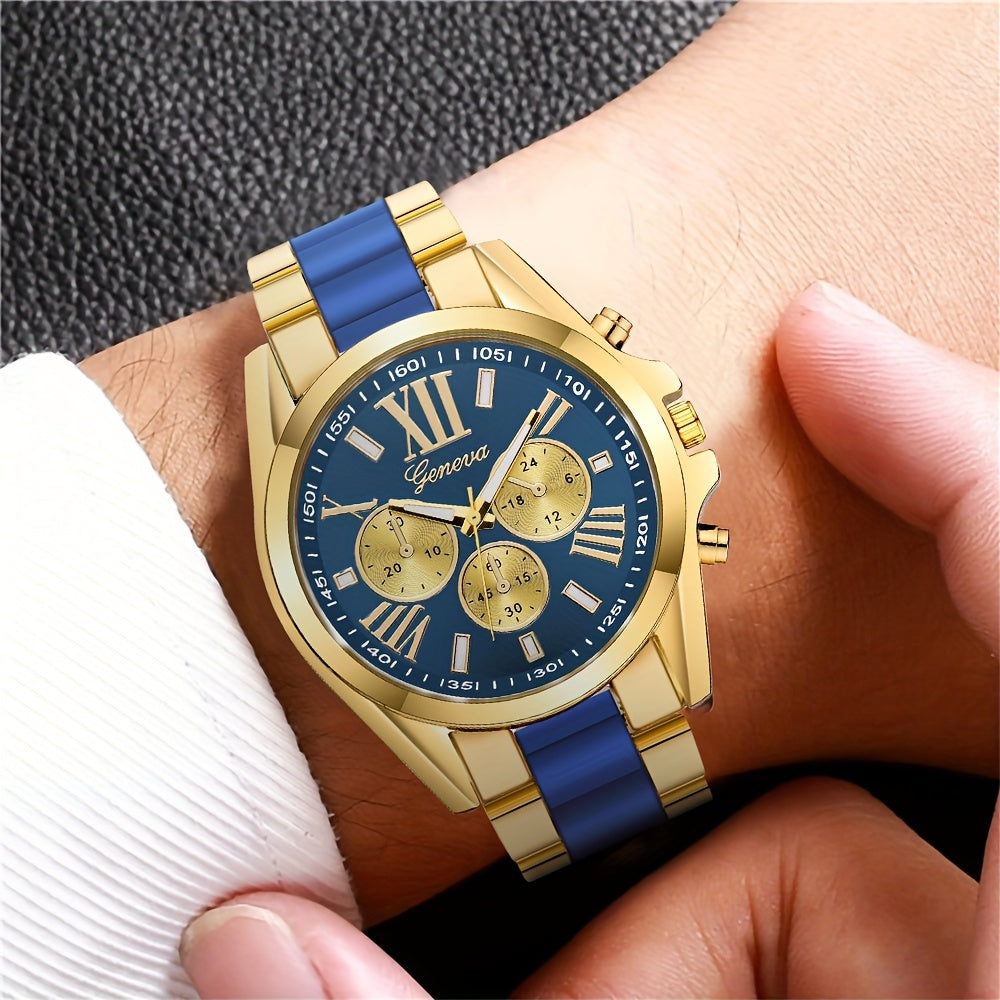 Elegant Men's Quartz Watch – Luxurious Golden-Tone with Large Roman Dial