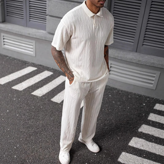 Men's Jacquard Texture Polo Shirt & Shorts Two-Piece Set