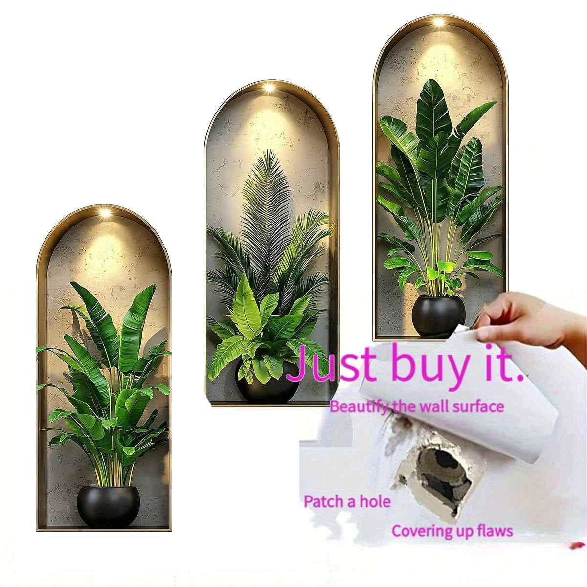 Nordic Style 3D Arched Window Flower Pot Stickers, Set of 3 – Realistic Wall Decor