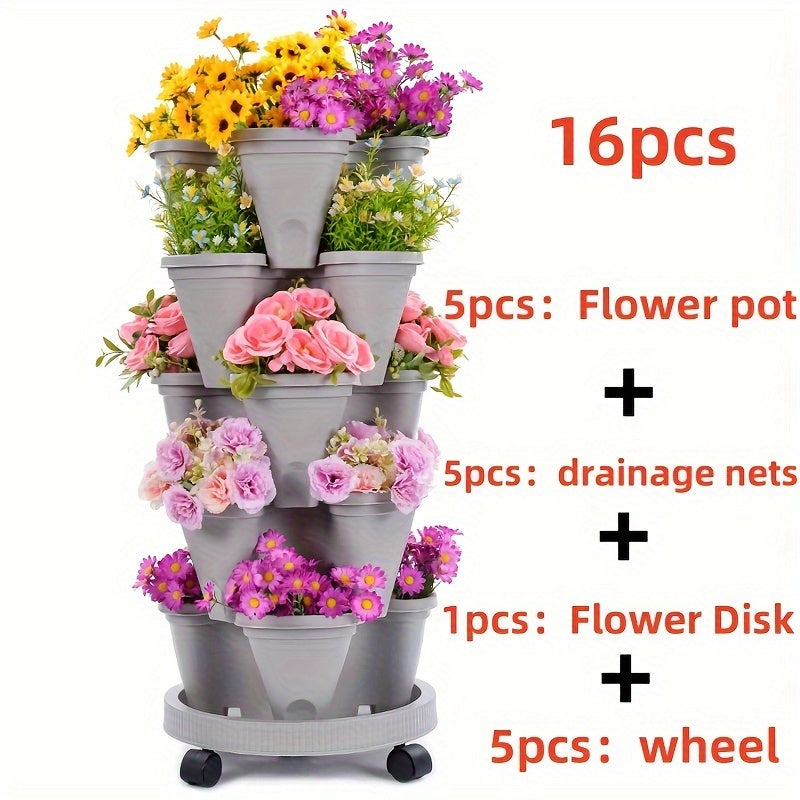 Hot Deal 5-Layer Stackable Vertical Garden Planter – 1 Set (16 Pcs) with Wheels & Tools