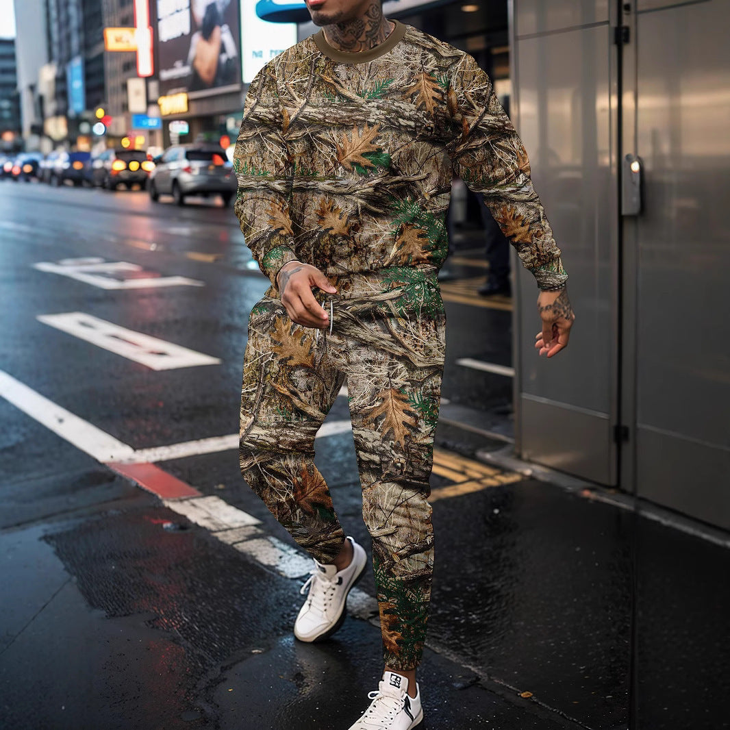Round Neck Jungle Camouflage Sweater & Two-Piece Pants Set