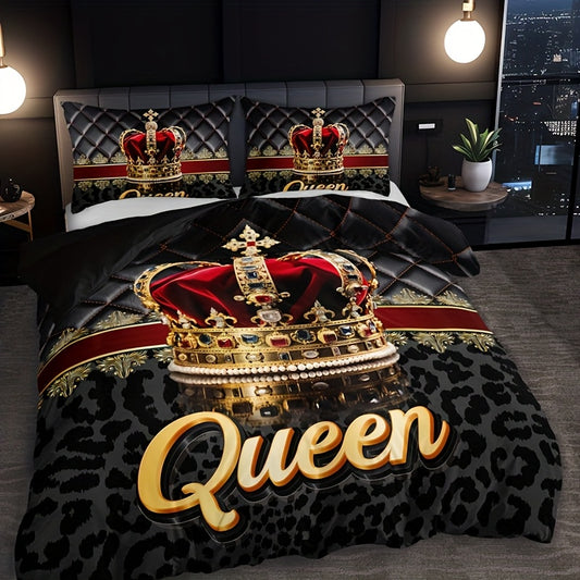 3pcs Crown Queen Leopard Print Quilt Cover Set