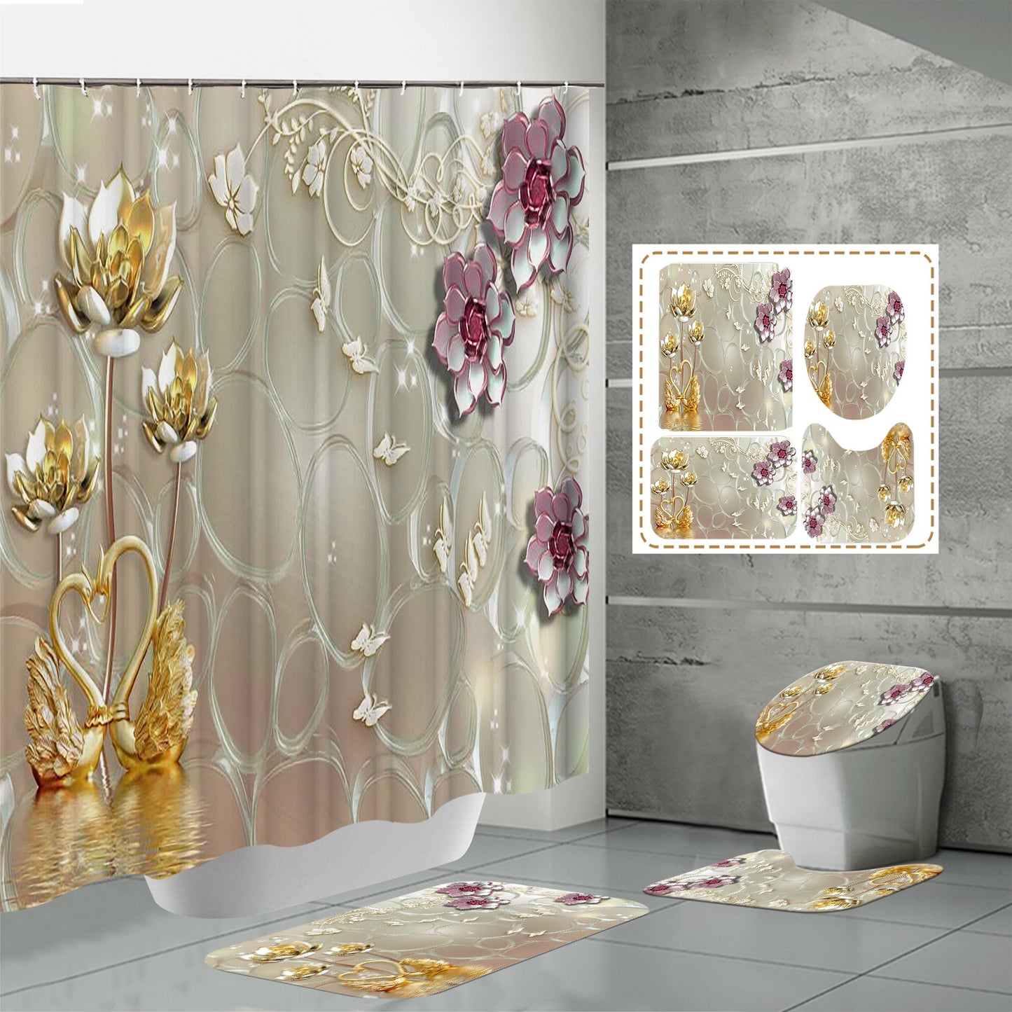 HD Digital Printing Waterproof Polyester Mildew-proof Shower Curtain Suit