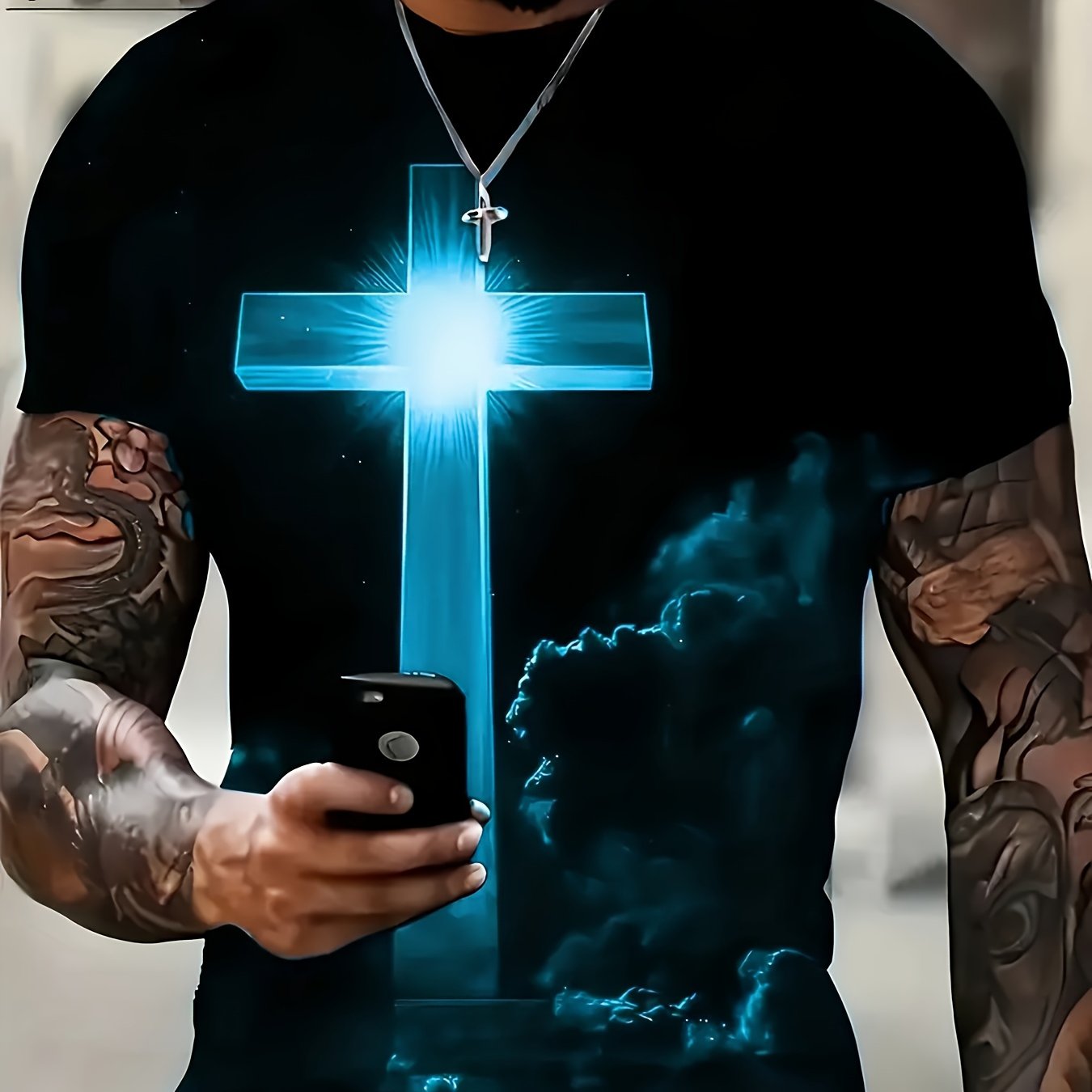 Men's Oversized Blue Shirt – Retro 3D Print with Cross Design