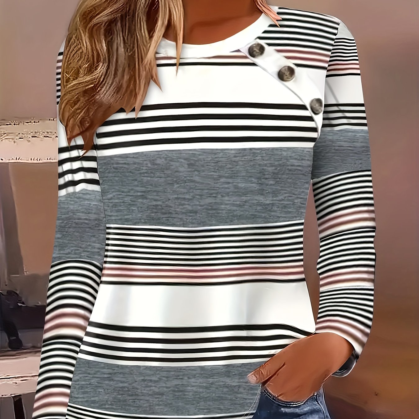 Striped Contrast Button T-Shirt – Long Sleeve Casual Tee for Women