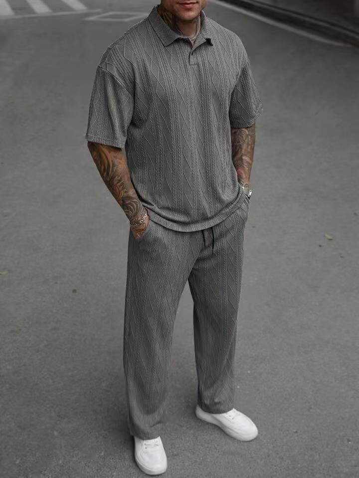 Men's Jacquard Texture Polo Shirt & Shorts Two-Piece Set