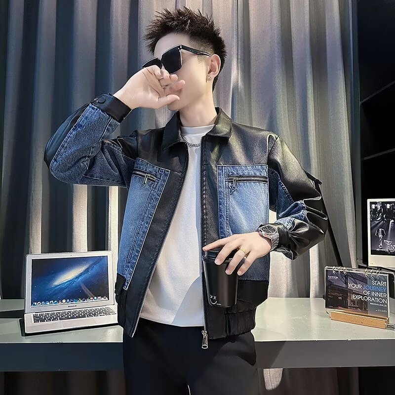 High-Quality PU Leather & Denim Panel Jacket
