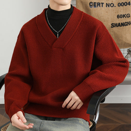 Men's V-Neck Solid Color Chunky Knit Sweater
