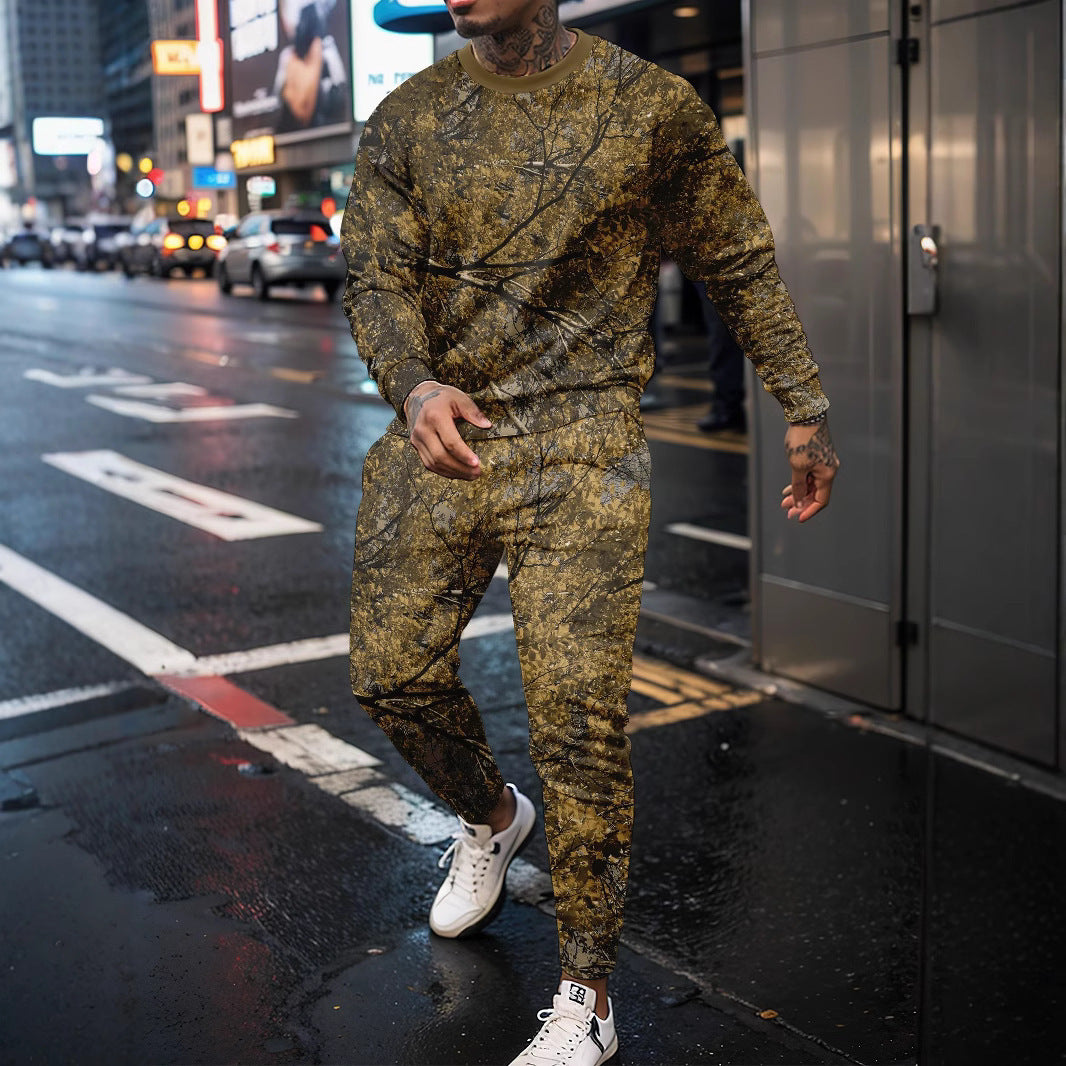 Round Neck Jungle Camouflage Sweater & Two-Piece Pants Set