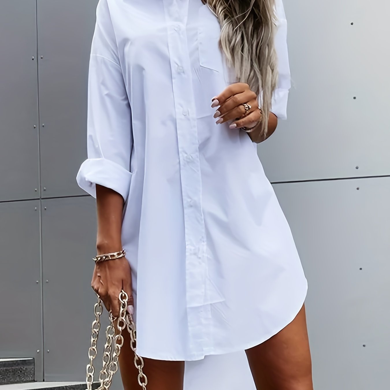 Chic Solid Color Button-Front Shirt Dress