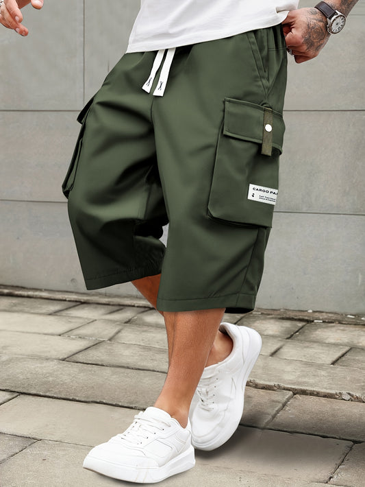 Men's Summer Casual Cargo Shorts with Elastic Drawstring Waist, Multi-Pocket Design & Letter Patch