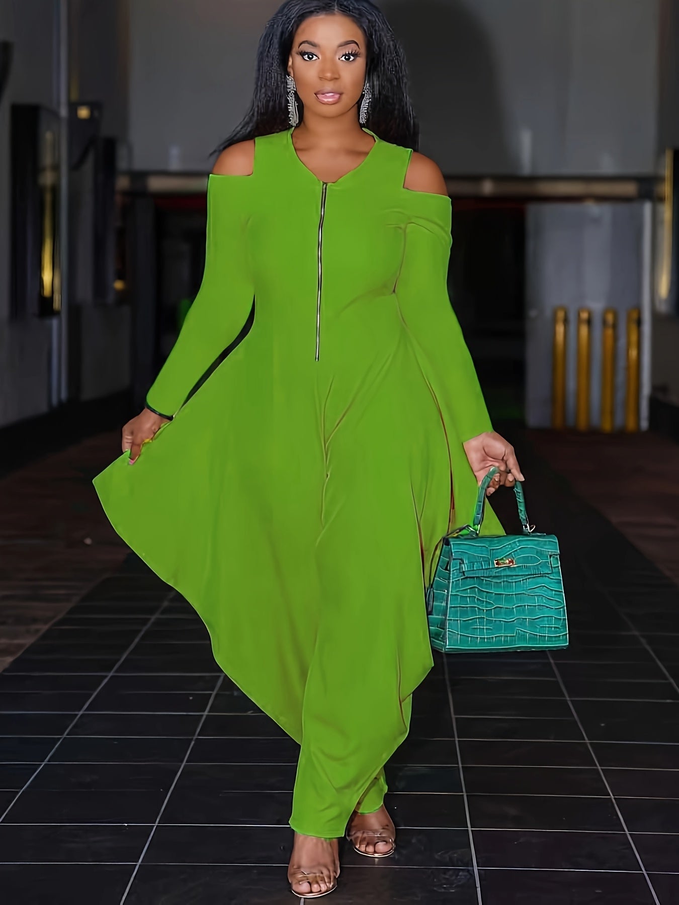 Fashionable Solid Color Off-Shoulder Zip-Up Jumpsuit