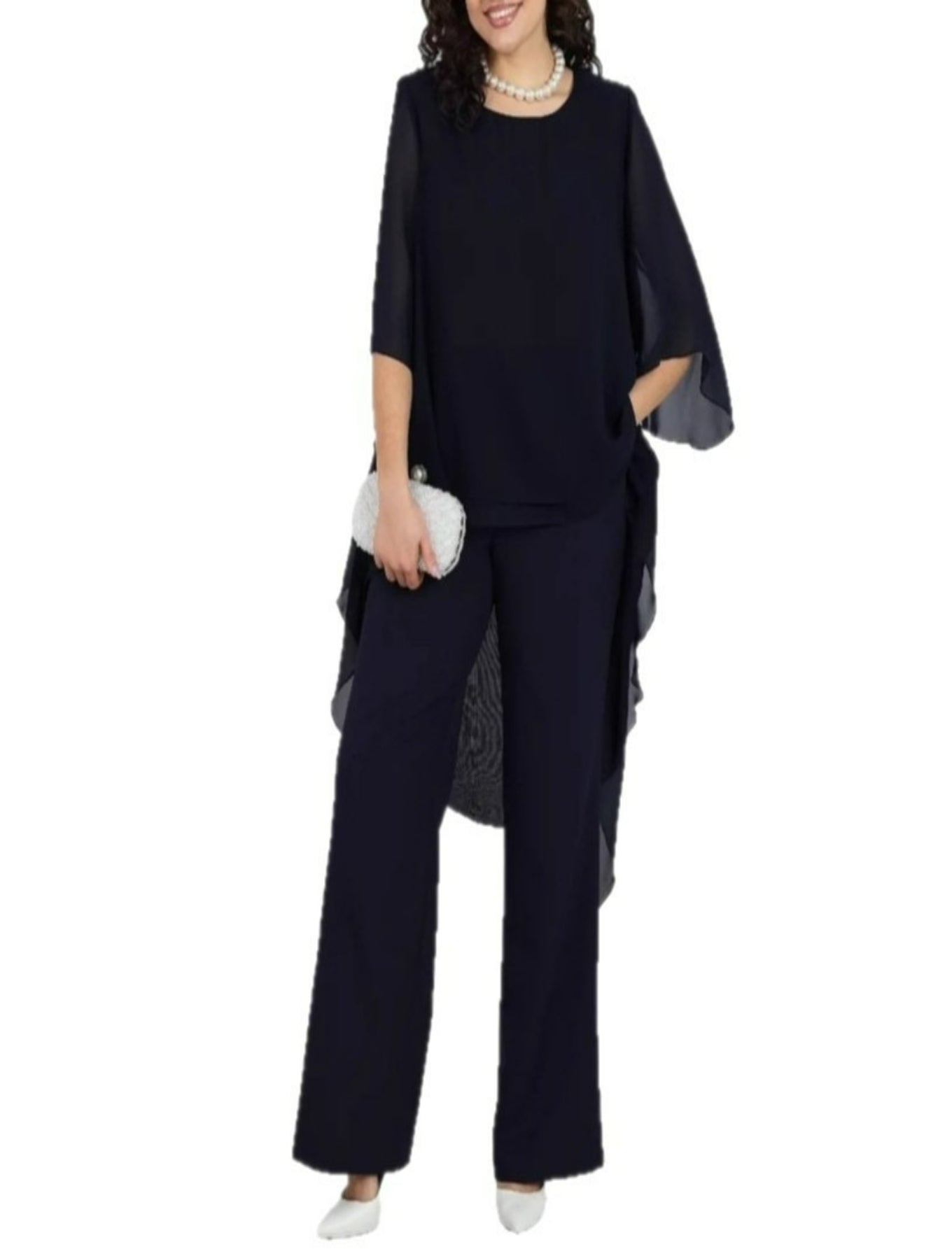 Plus Size Women’s 2025 Loose Casual Solid Color Chiffon Top & Two-Piece Set