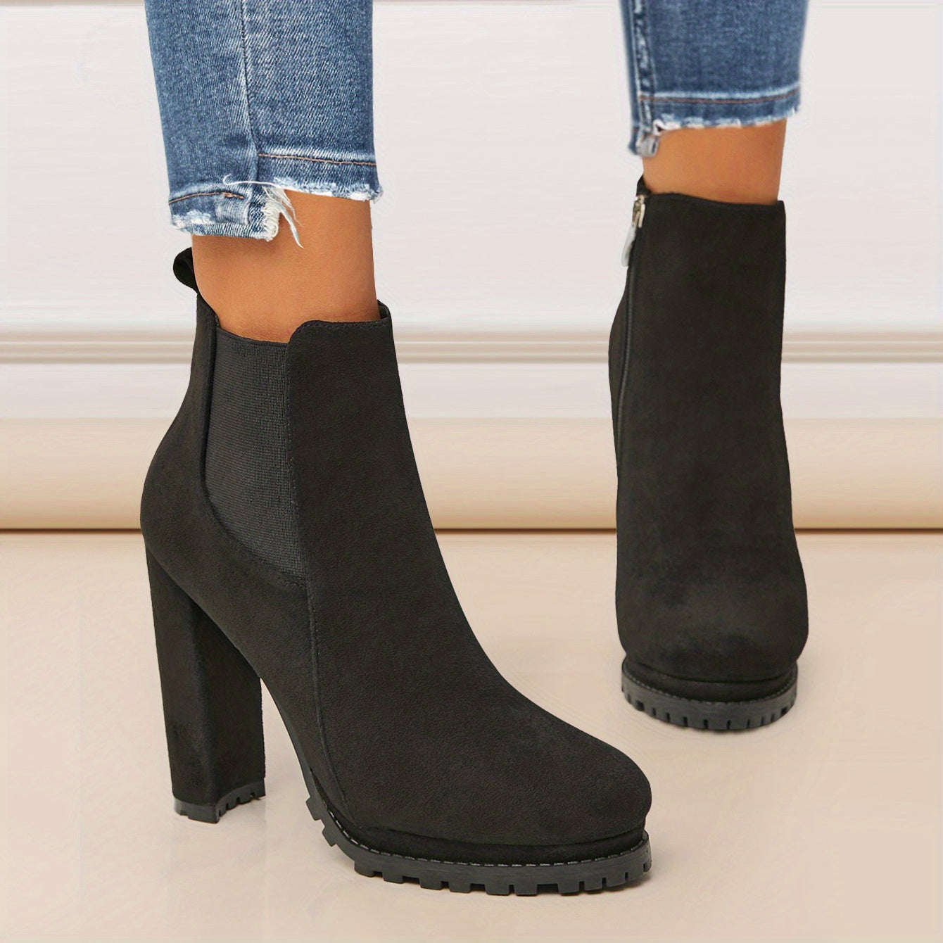 Stylish Pointed Toe Ankle Boots – Chunky Heel, Platform Comfort, Side Zipper Convenience