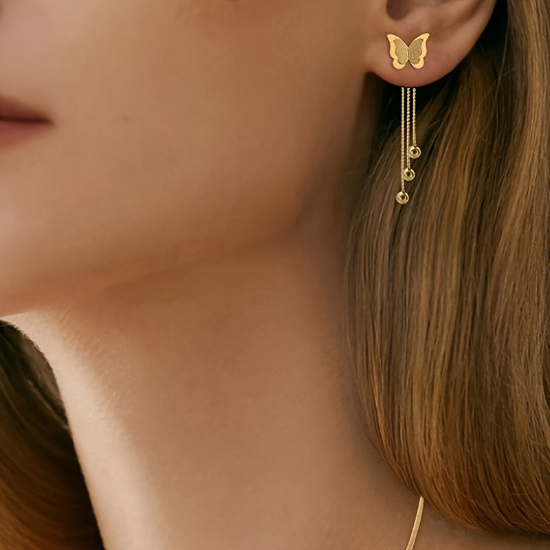1 Pair Golden Stainless Steel Butterfly Tassel Earrings