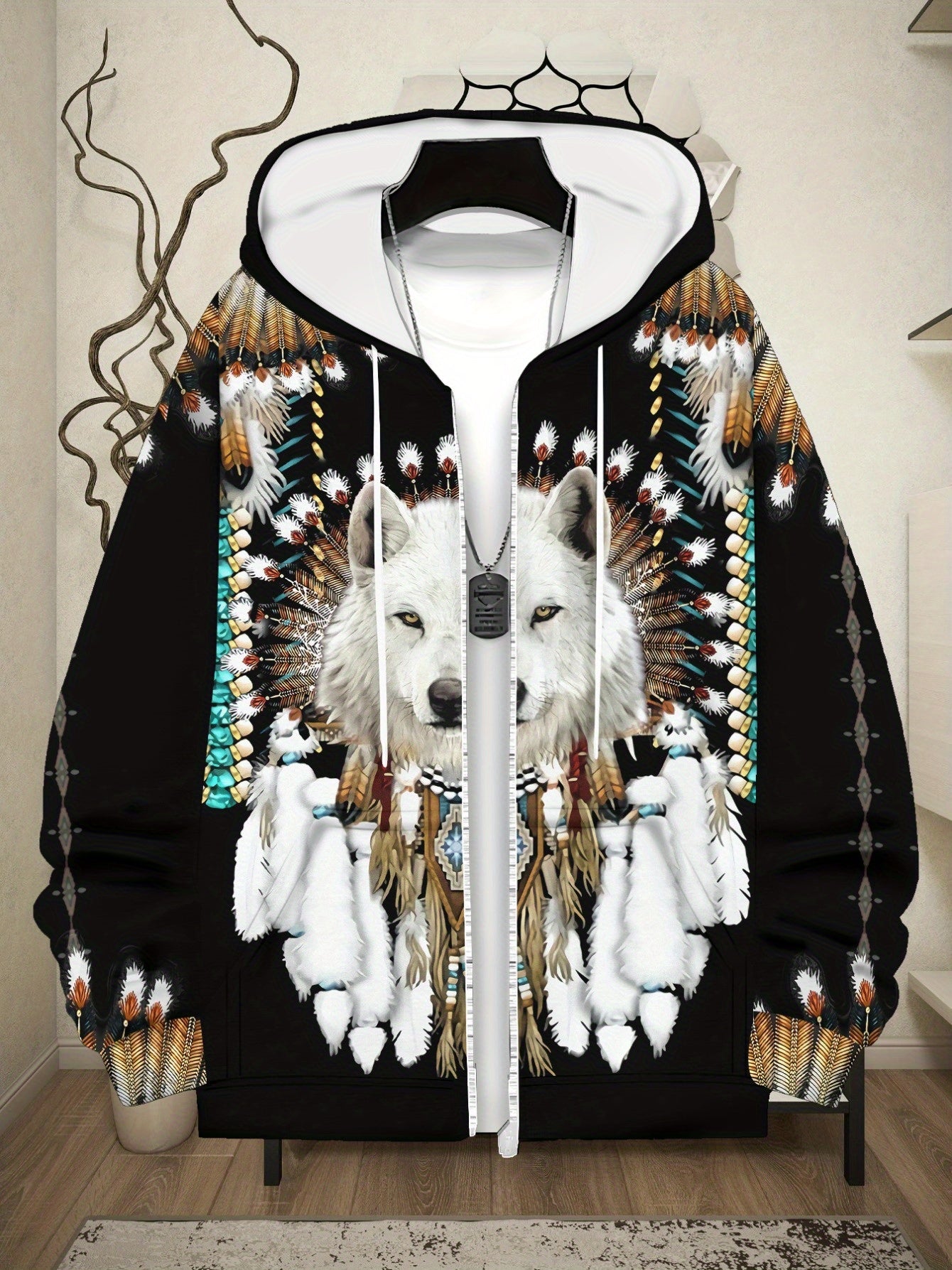 Men’s Full-Zip Hoodie – Wolf & Tribal Print