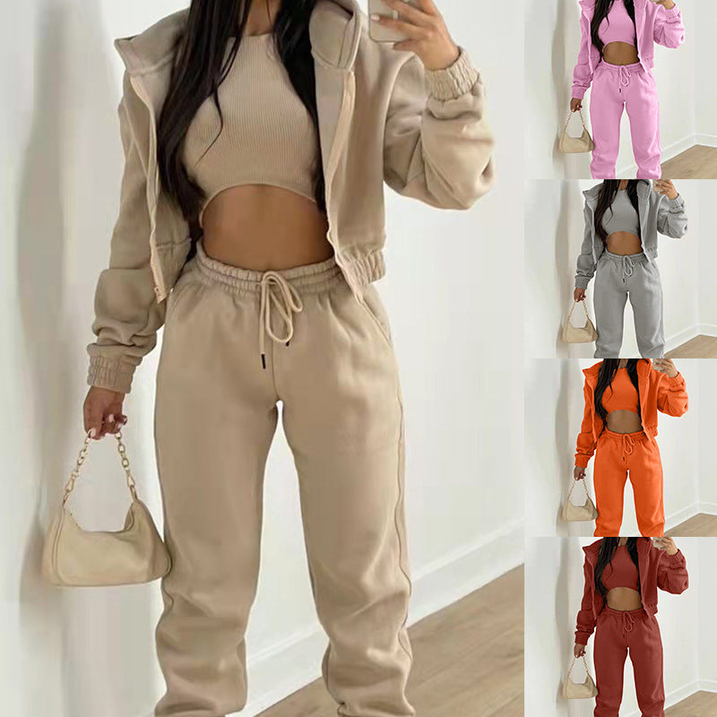 Women's Three-Piece Set Long Pants Loose Casual Hooded Sportswear Suit