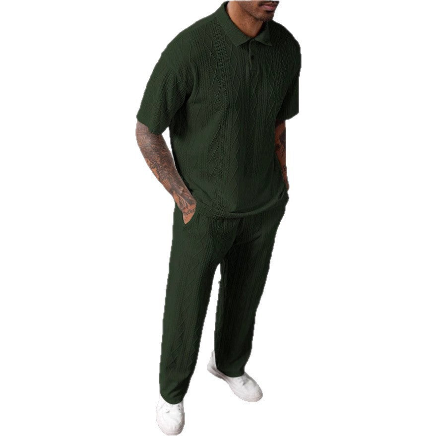 Men's Jacquard Texture Polo Shirt & Shorts Two-Piece Set